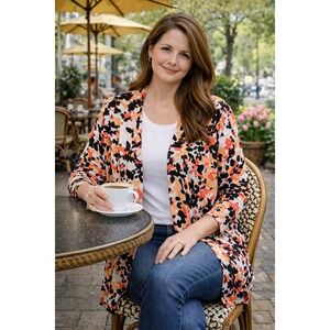 Laura Ashley Womens Petite L Open Front Floral Cardigan Sweater Coral Black